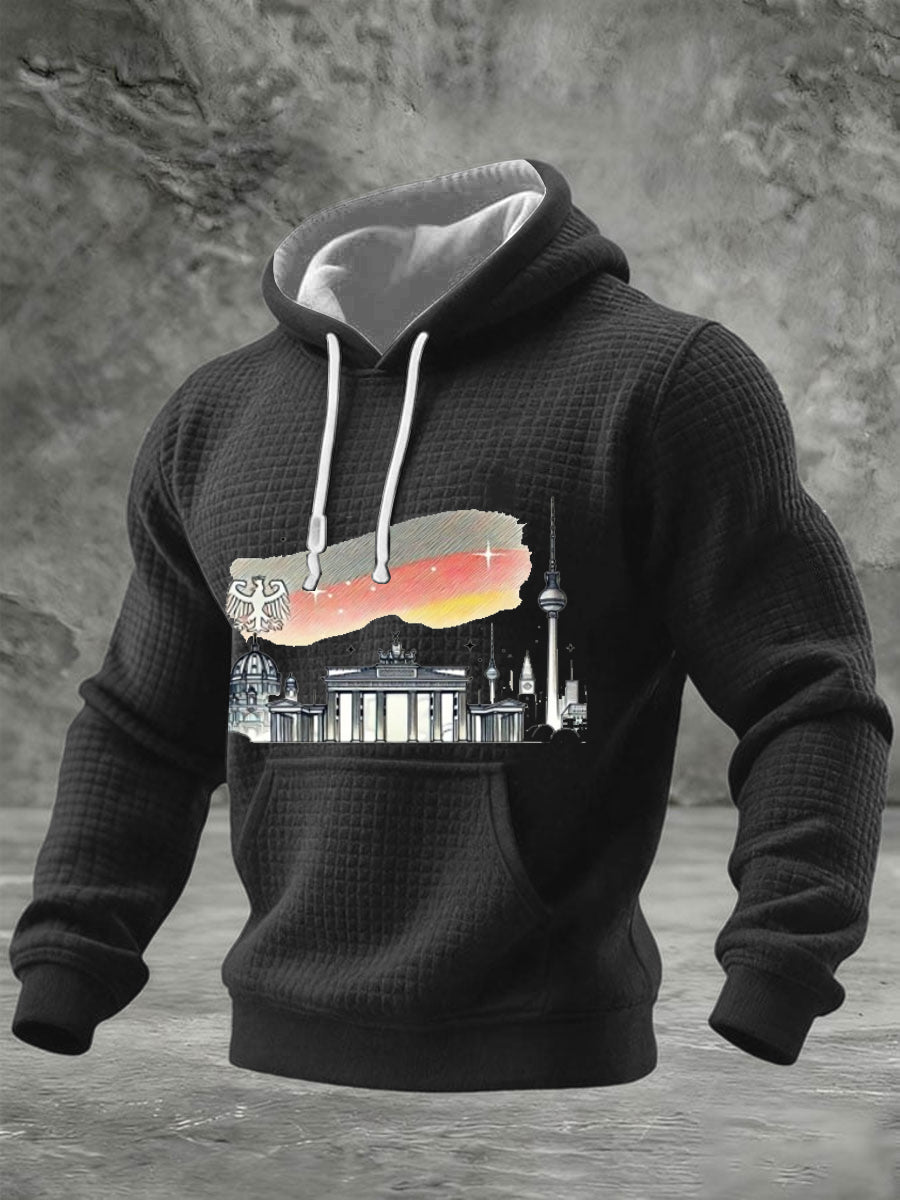 Herren Black Grid Baumwolle Berlin Landmark & Eagle Print Hoodie