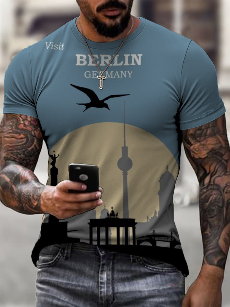 Herren Blau "Visit Berlin" Skyline Print T - Shirt