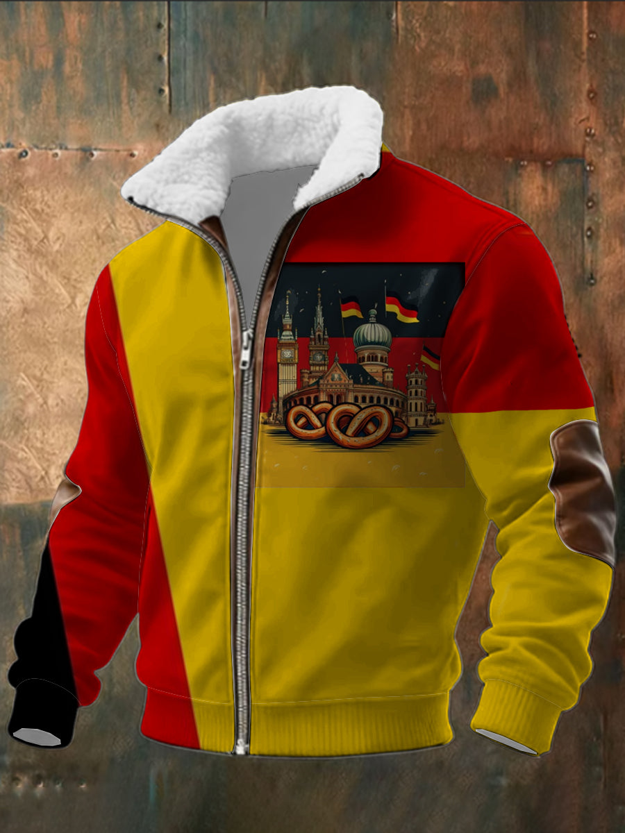 Herren Rot & Gelb Deutschland Flagge & Brezel Print Sherpa-Gelinierte Zip Jacke