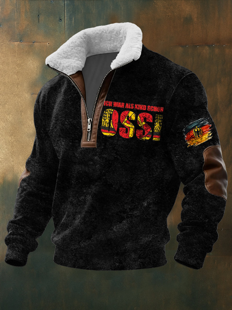 Sherpa-Kapuzen pullover mit Reiß verschluss für Männer schwarzer "Ich Krieg als Kind Schon Ossi"