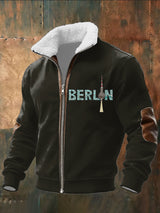 Herren Schwarz Berliner Fernsehturm Print Sherpa-Gelinierte Zip Jacke