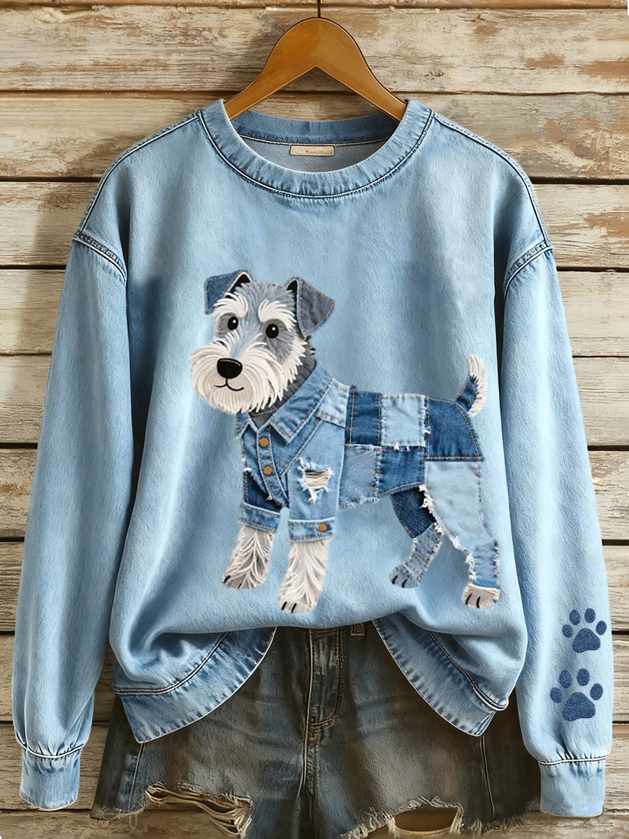 Damen Denim Patchwork Kunst Schnauzer Hunde muster Sweatshirt