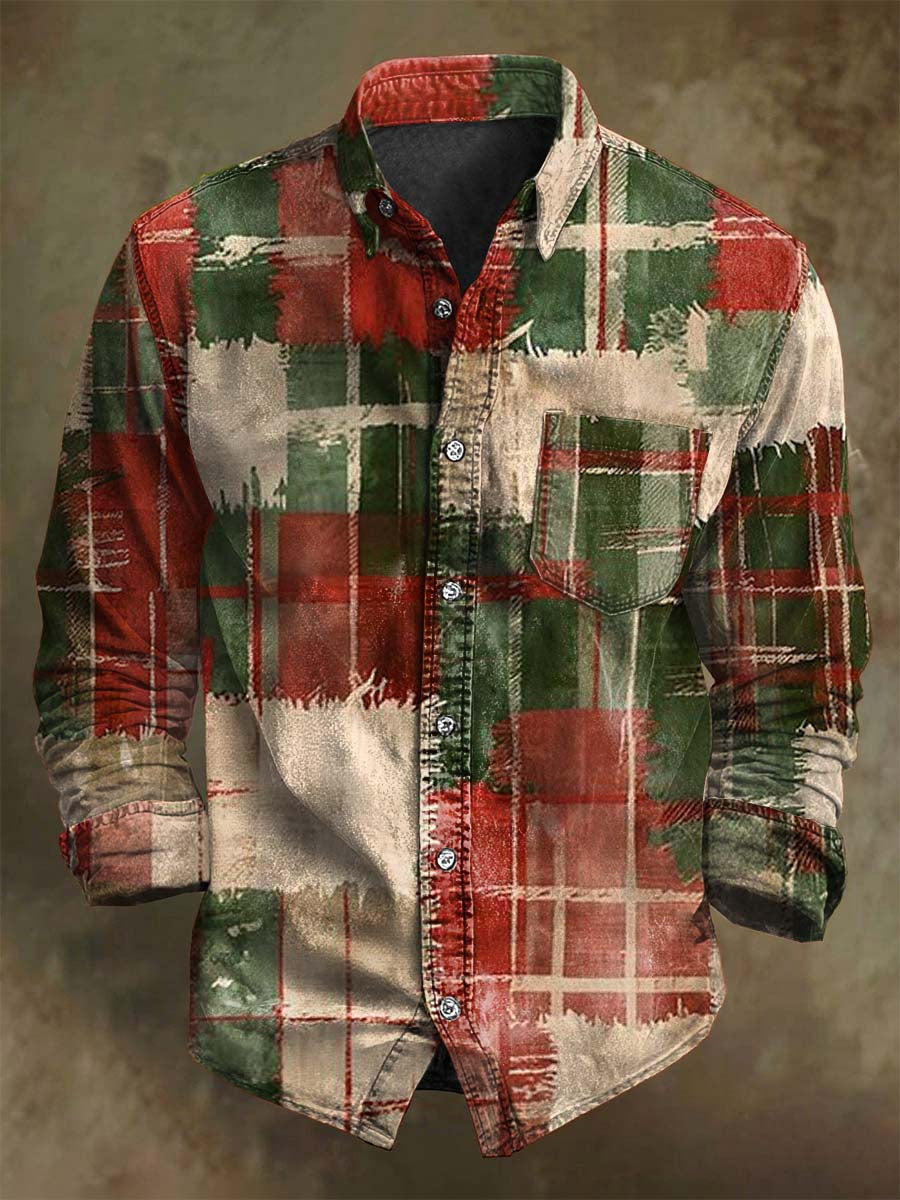 Weihnachts-Patchwork-Plaid-Print Lässiges Langarm-Shirt