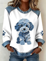 Damen schöne pelzigen Hunde muster Denim Patchwork Kunst Sweatshirt