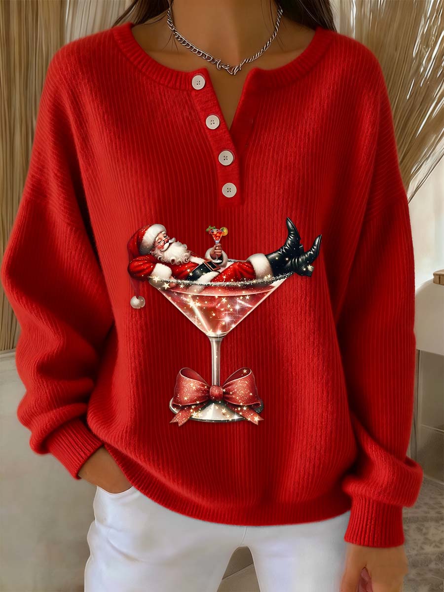 Damen Retro Faith Der Weihnachts mann Cocktail Print Langarm Pullover