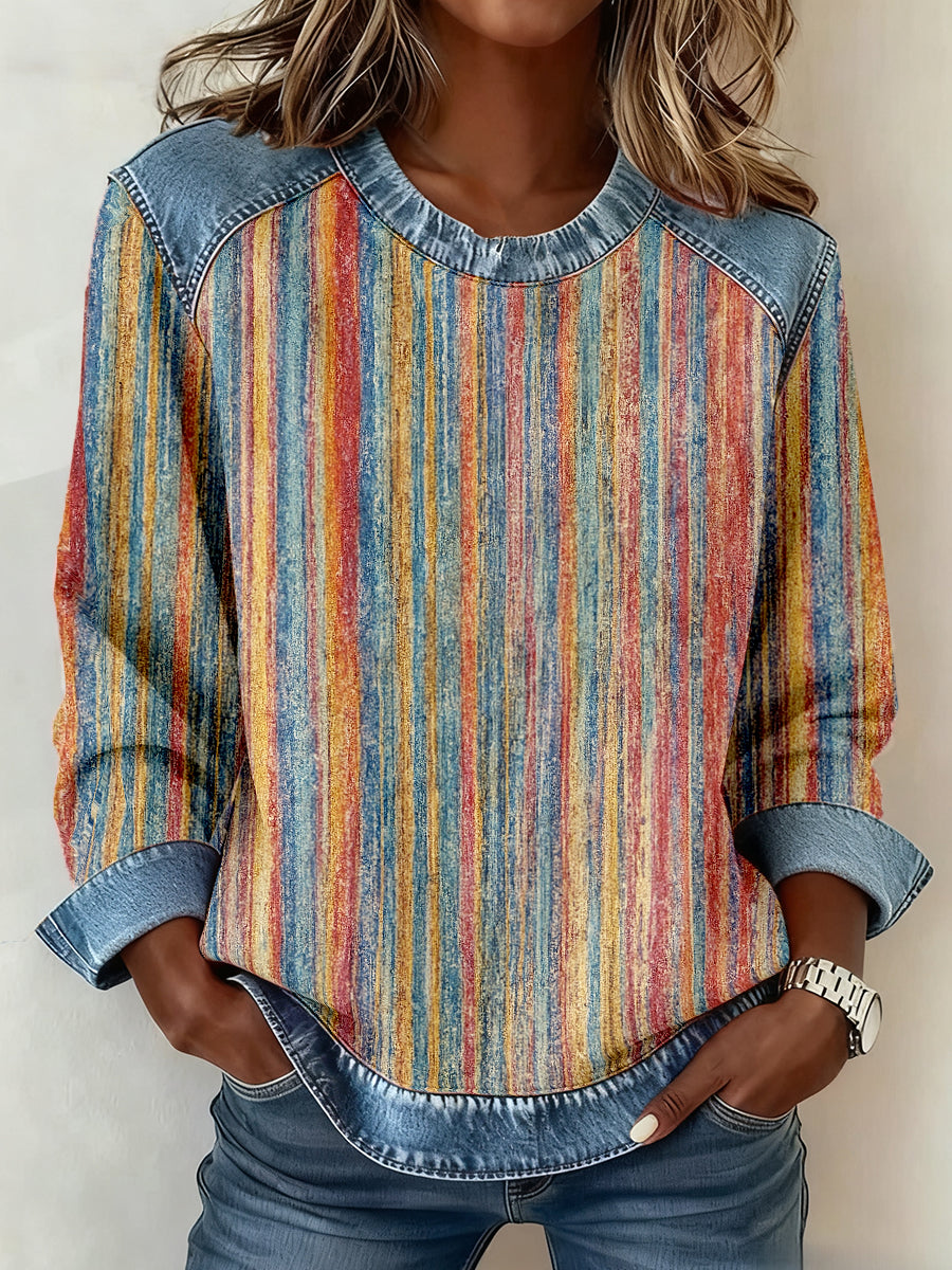 Mehrfarbiges gestreiftes Patchwork-Sweatshirt für Damen
