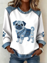 Damen-Pug-Hunde muster Denim-Patchwork-Kunst-Sweatshirt