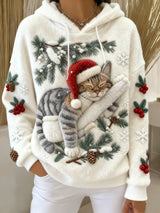 Damen niedlicher Weihnachts katzen Kunstdruck Casual Flanell Hoodie