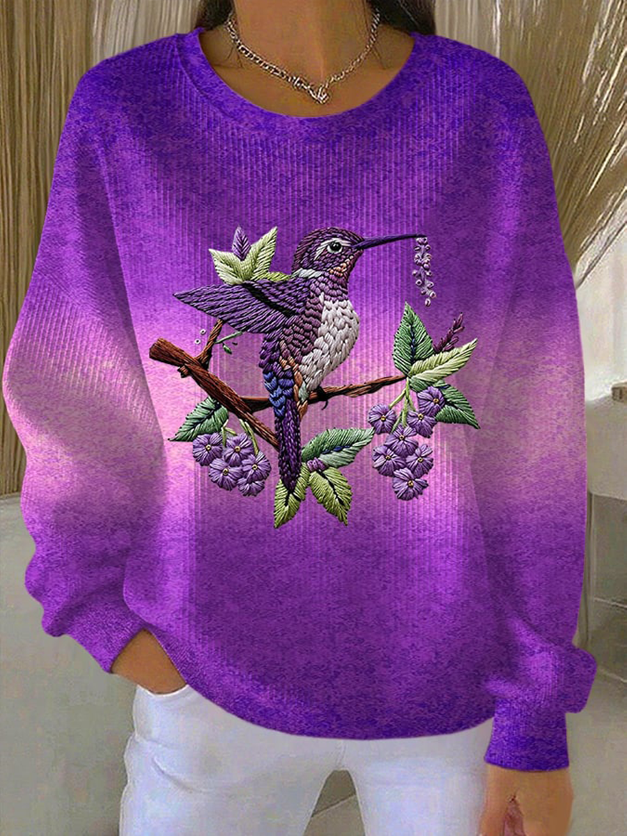 Damen-Kolibri mit Blumen druck Casual Sweatshirt mit lila Steigung