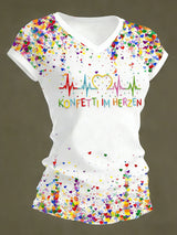 Kölner Karneval für Frauen Konfetti im Herzen Print lässiges T-Shirt mit V-Ausschnitt