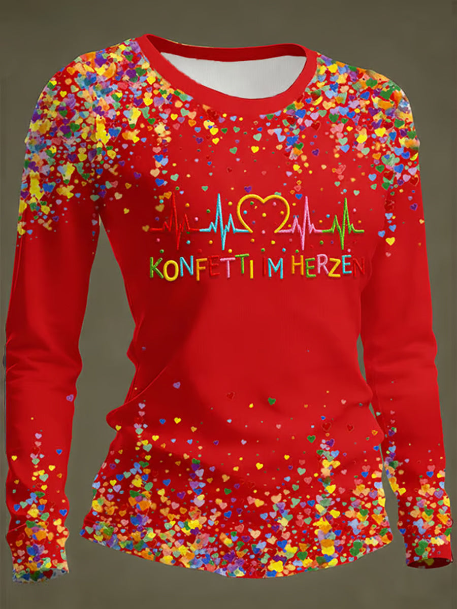 Frauen Kölner Karneval Konfetti im Herzen Print lässig Langarm T-Shirt