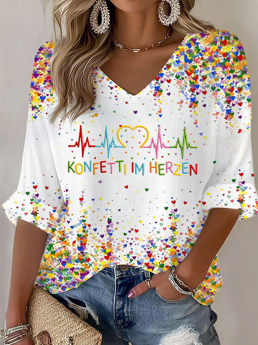 Damen Kölner Karneval Konfetti im Herzen Print lässiges V-Ausschnitt Langarm-Top