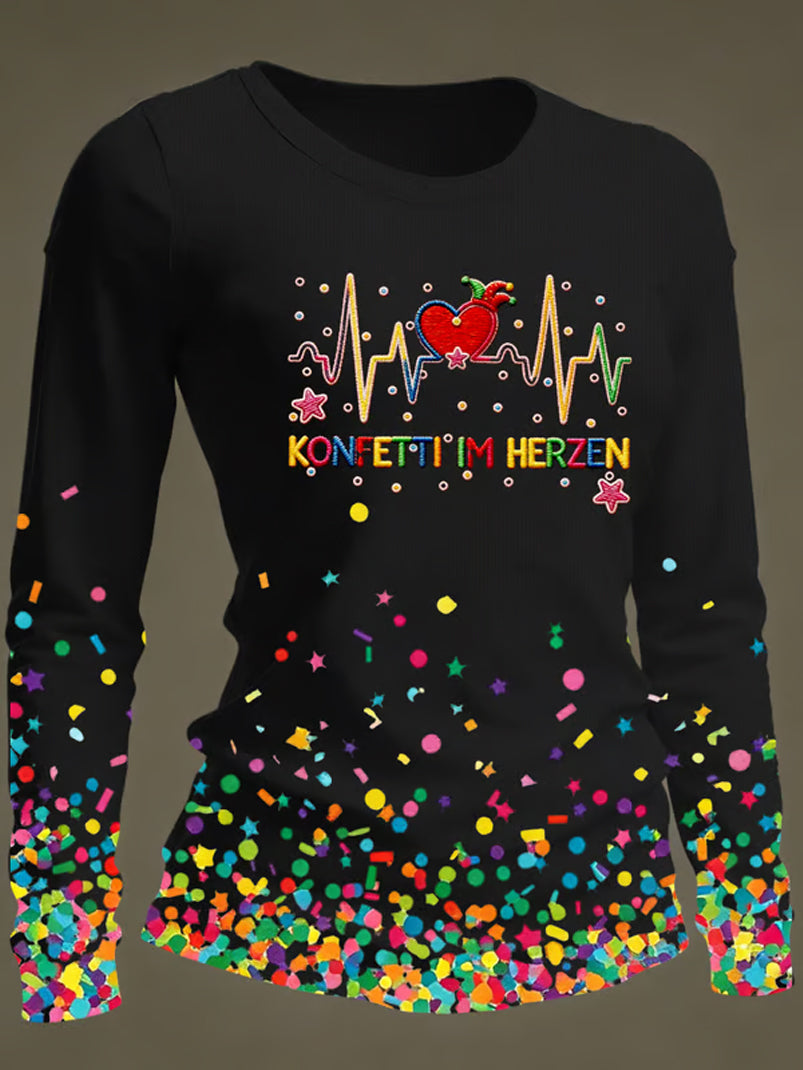 Frauen Kölner Karneval Konfetti im Herzen Print lässig Langarm T-Shirt