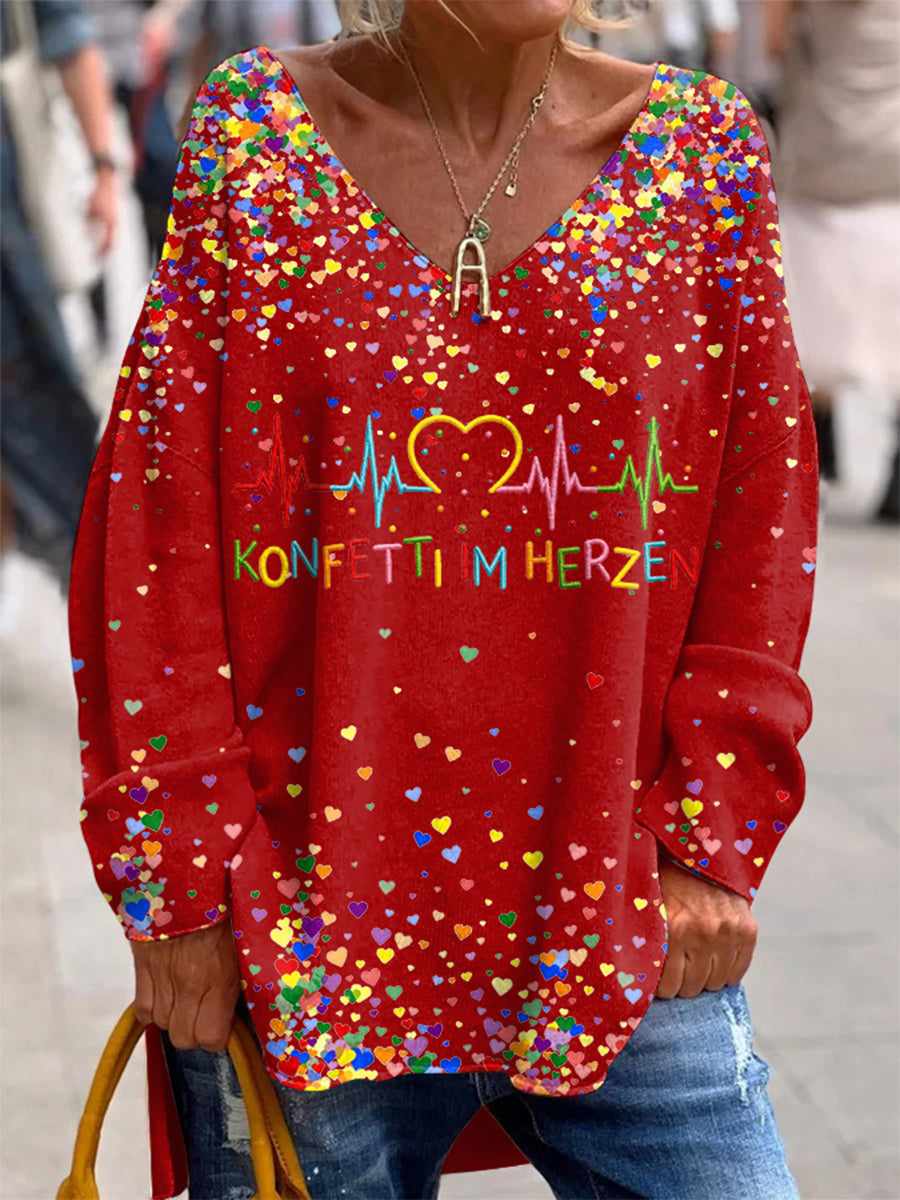 Bedrucktes V-Ausschnitt Revers knopf Vintage Lässiges Langarm-Shirt