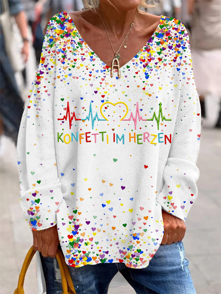 Bedrucktes V-Ausschnitt Revers knopf Vintage Lässiges Langarm-Shirt