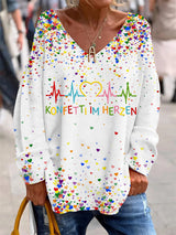 Bedrucktes V-Ausschnitt Revers knopf Vintage Lässiges Langarm-Shirt