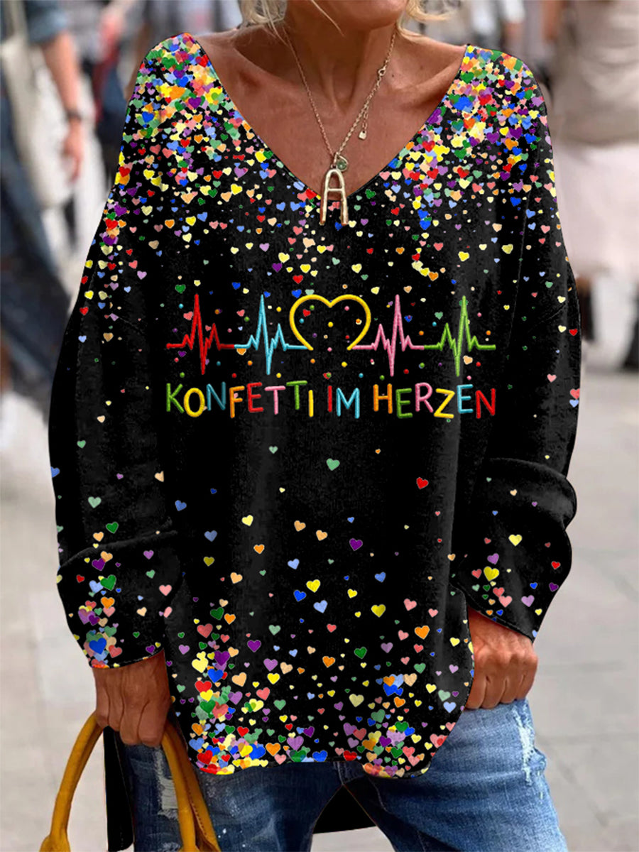 Bedrucktes V-Ausschnitt Revers knopf Vintage Lässiges Langarm-Shirt