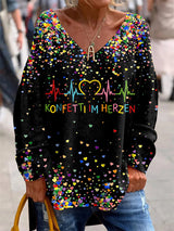 Bedrucktes V-Ausschnitt Revers knopf Vintage Lässiges Langarm-Shirt