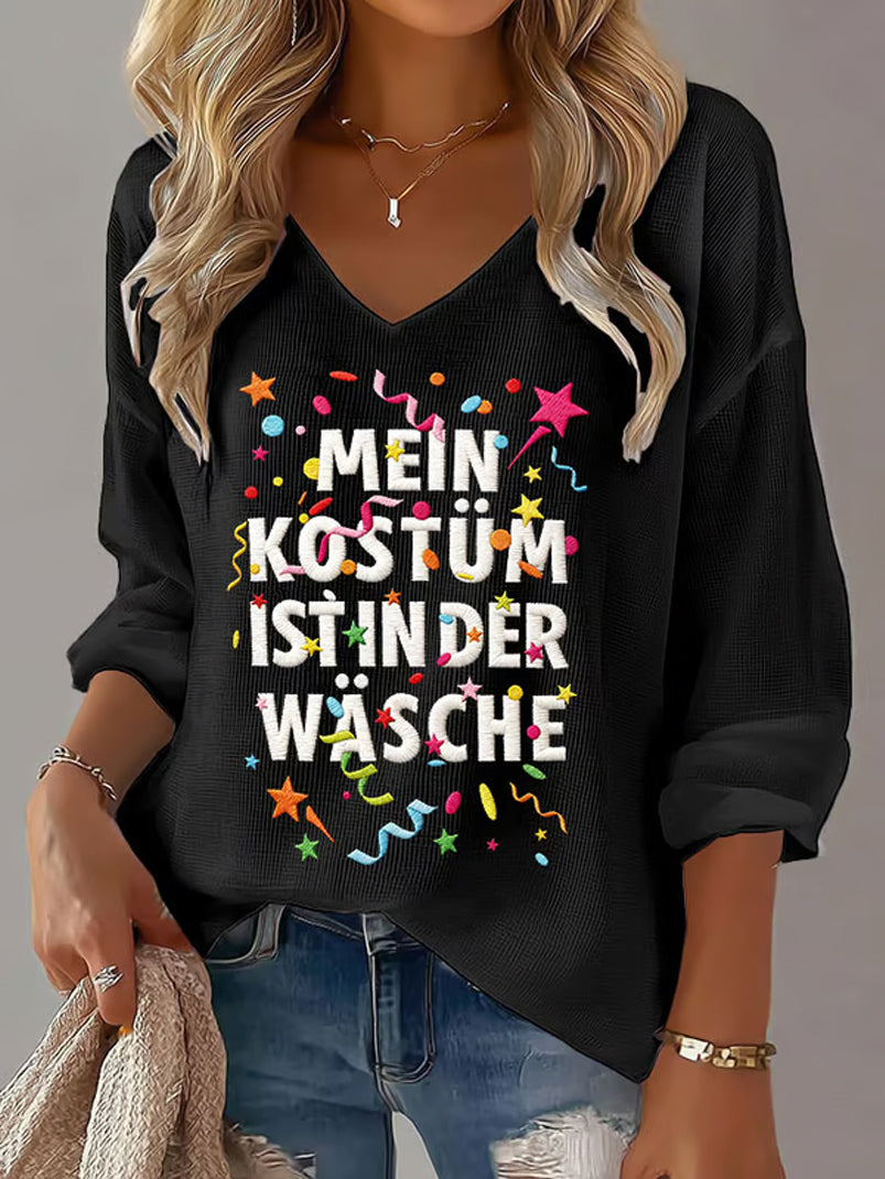 Damen Kölner Karnevals druck Lässiges V-Ausschnitt Langarm-Top