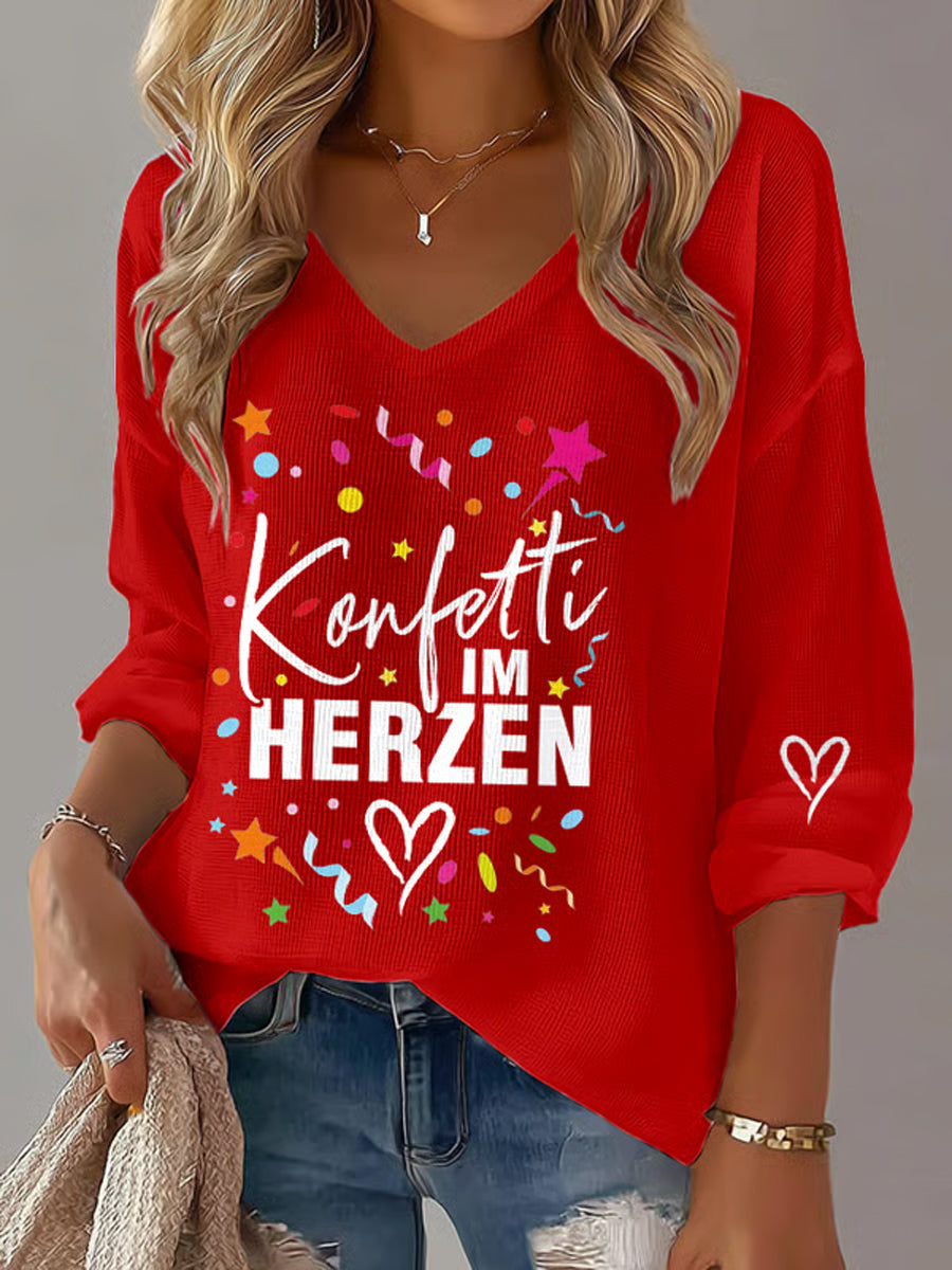 Frauen Köln Karneval Print Freizeit Waffel Langarm T-Shirt