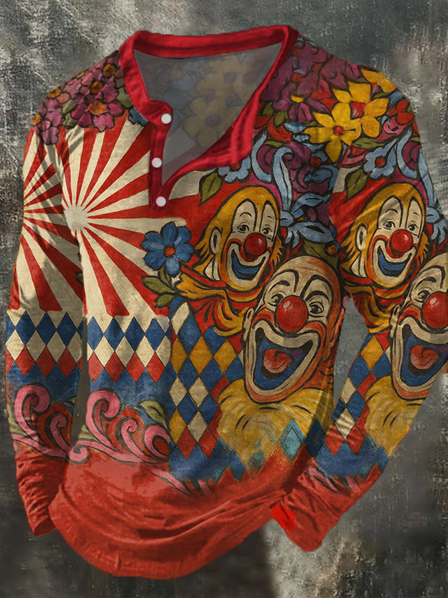 Herren Cologne Carnival Clown Print Lässige Knöpfe Langarm T-Shirt