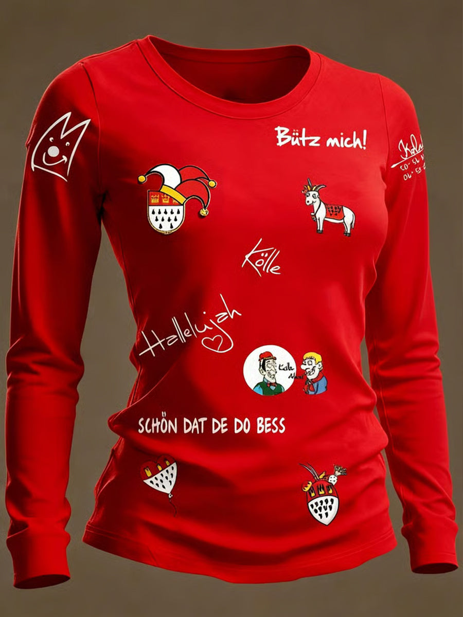Frauen Köln Karneval Clown Print Langarm T-Shirt