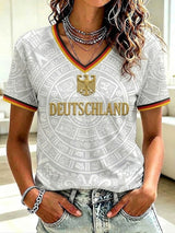 Damen-T-Shirt mit V-Ausschnitt und Fußball-Print, Deutschland