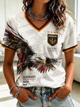 Damen-T-Shirt mit V-Ausschnitt und Fußball-Print, Deutschland
