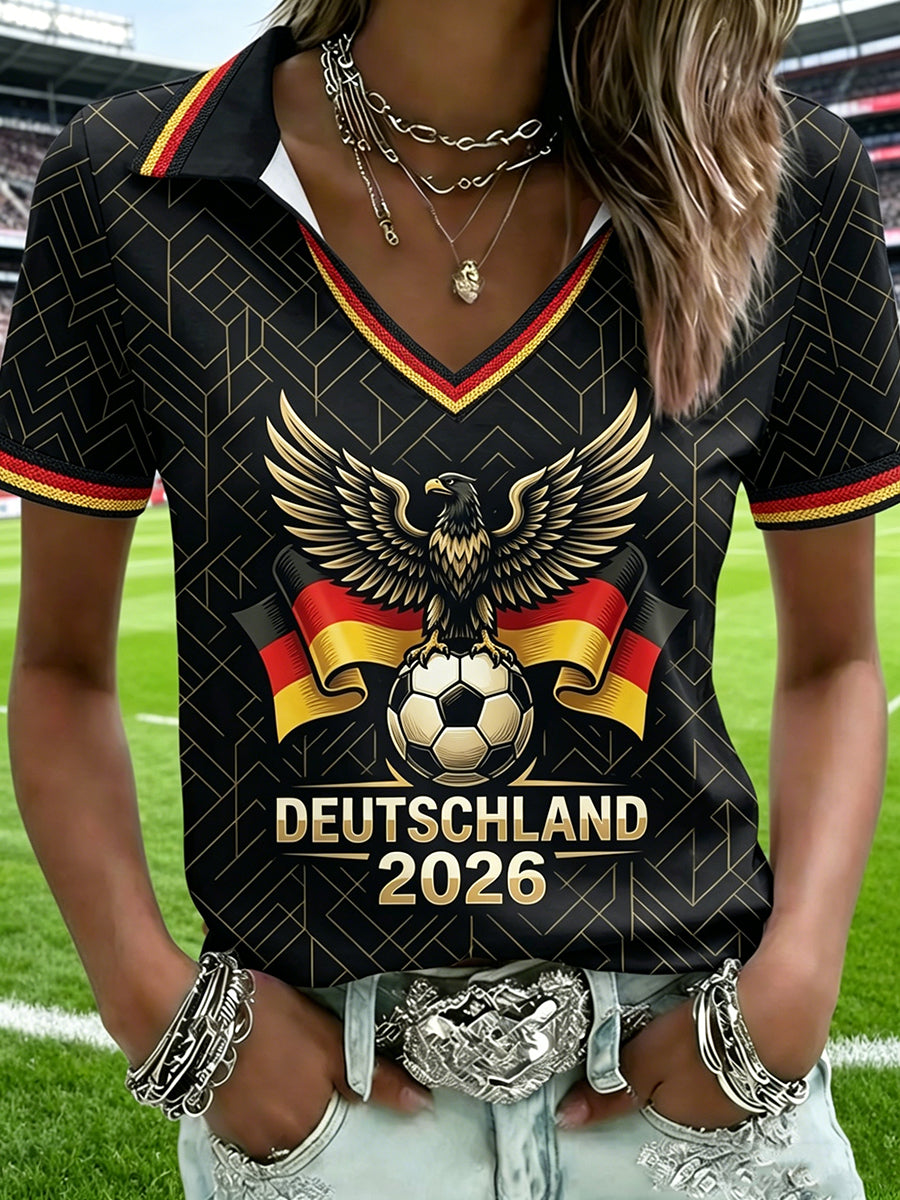 Damen-T-Shirt mit V-Ausschnitt und deutschem Fußballmotiv