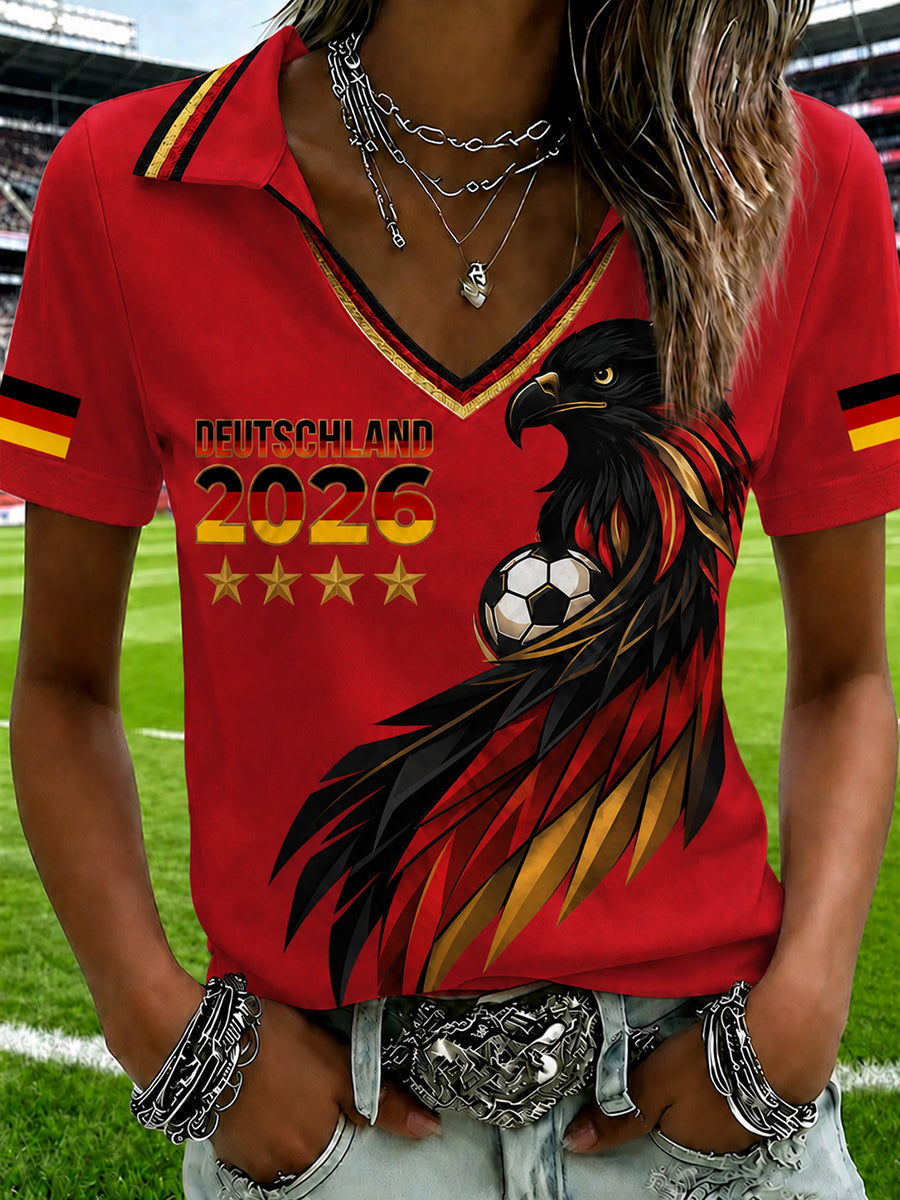Damen-T-Shirt mit V-Ausschnitt und deutschem Fußballfan-Print