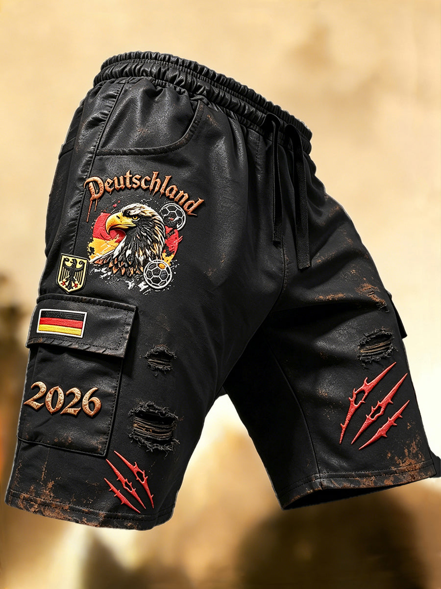Herren-Shorts in Schwarz mit deutschem Fußballmotiv und Loch-Effekt, lässig und sportlich