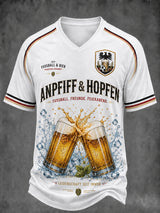 Herren-T-Shirt mit Grafik, V-Ausschnitt, deutscher Fußball und Bier-Grüße