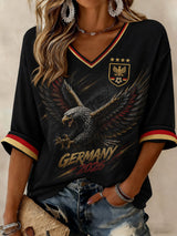 Damen-Fußball-T-Shirt aus Deutschland mit mittellangen Ärmeln und V-Ausschnitt, bedruckt