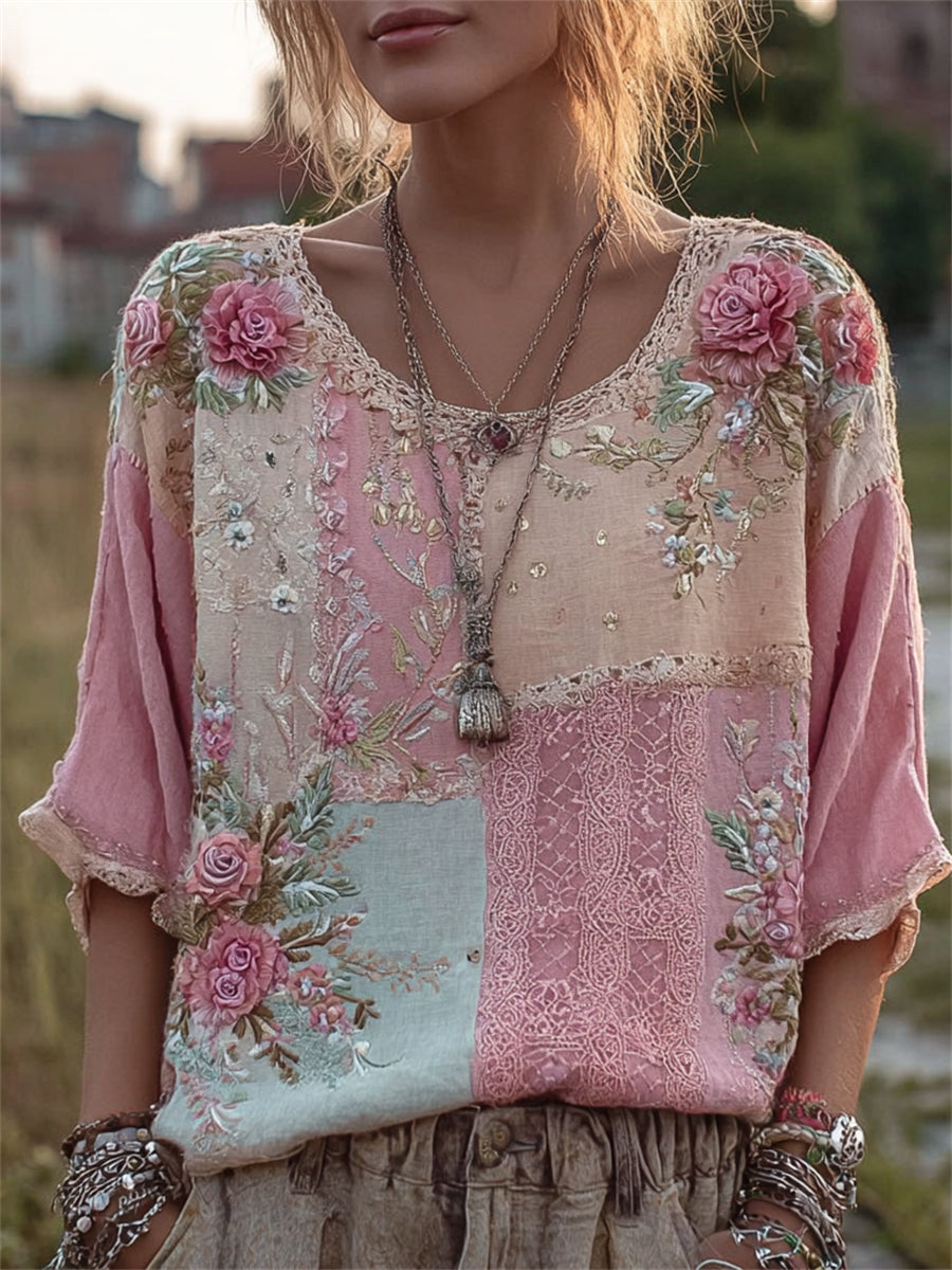 Damen-Vintage-Tunika aus Leinen mit farbblockierter Textur und kunstvollem Rosendruck in Pink