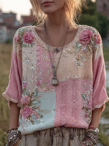 Damen-Vintage-Tunika aus Leinen mit farbblockierter Textur und kunstvollem Rosendruck in Pink