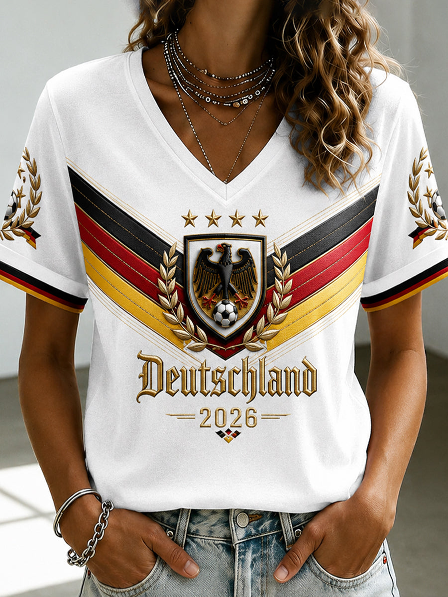 Damen-Fußballfan-T-Shirt mit Deutschland-Print und V-Ausschnitt