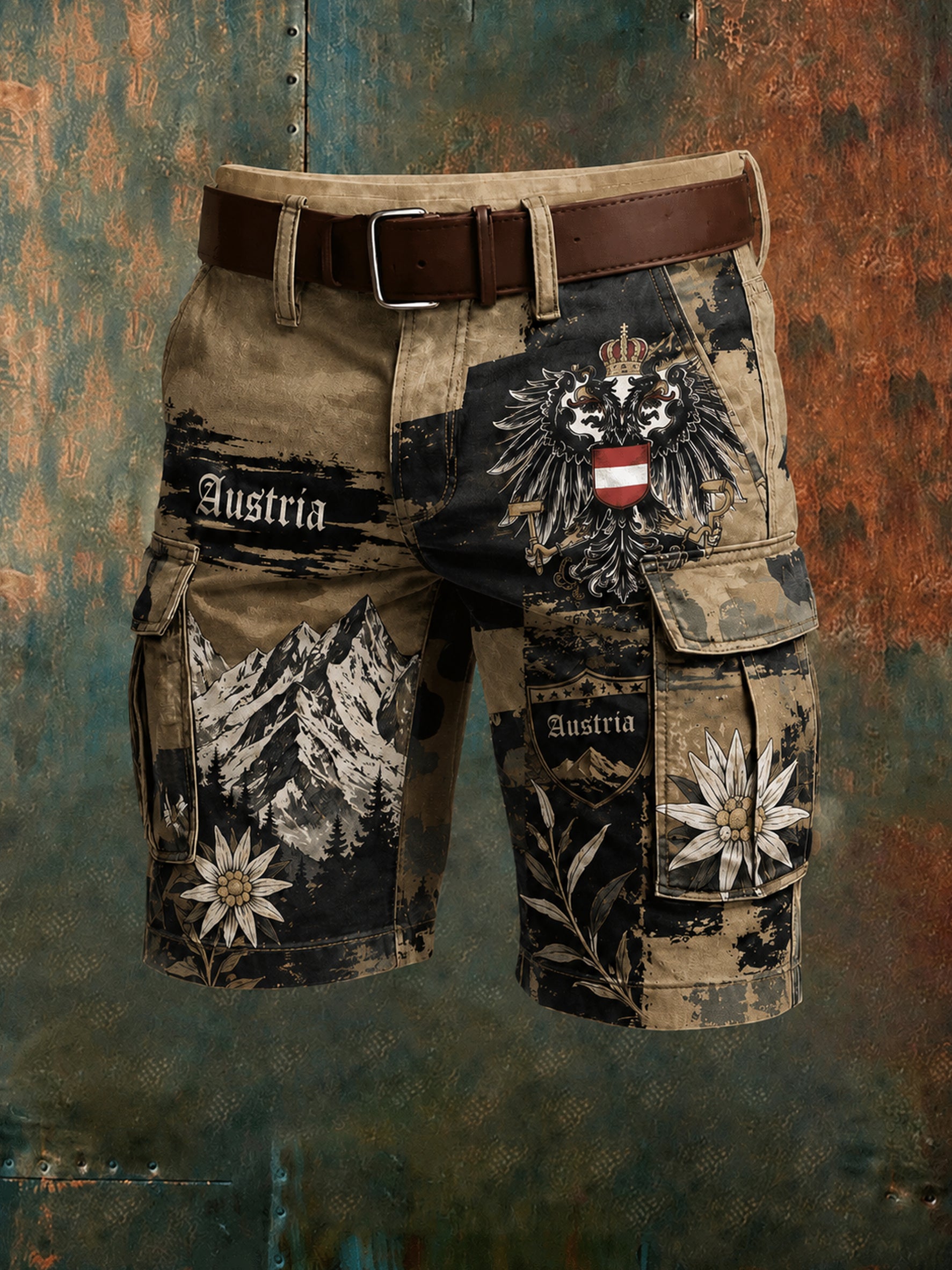 Herren-Shorts mit österreichischem Camouflage-Muster und künstlerischem Print