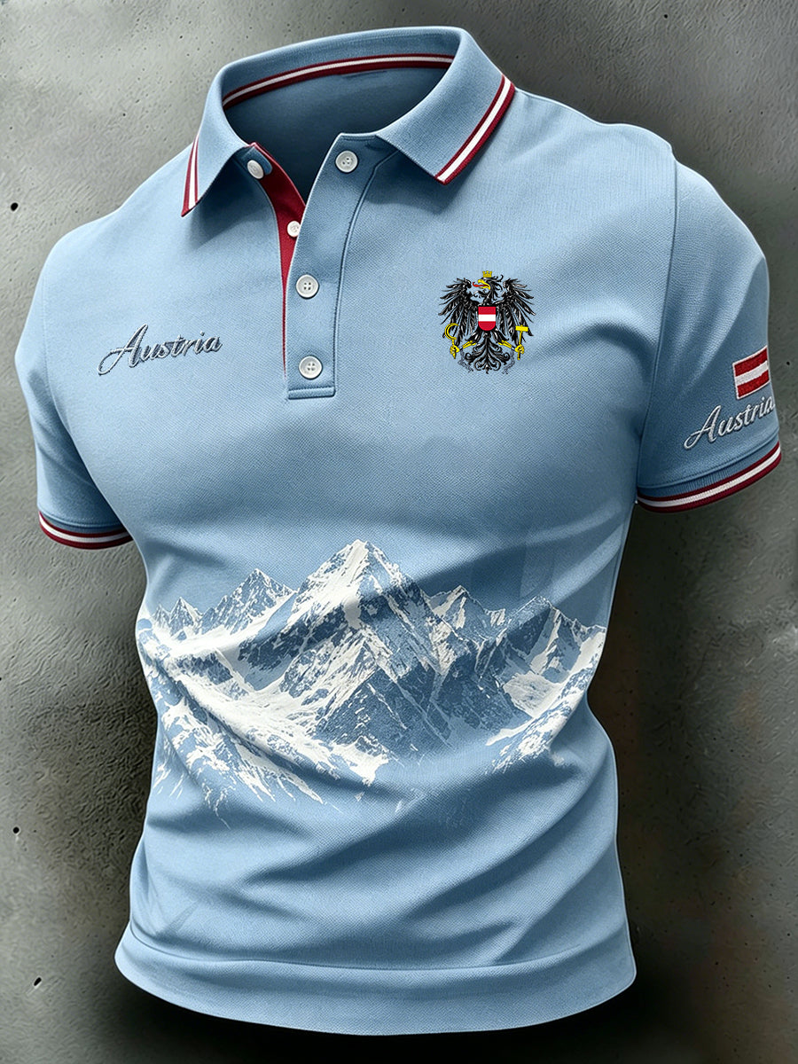 Herren-Polo-Shirt mit Berg-Themen-Stickerei und Druck