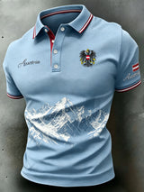 Herren-Polo-Shirt mit Berg-Themen-Stickerei und Druck