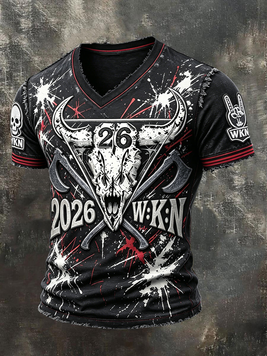 Herren-T-Shirt mit coolem V-Ausschnitt und Punk-Print zum Wacken Metal Festival 2026 in Deutschland