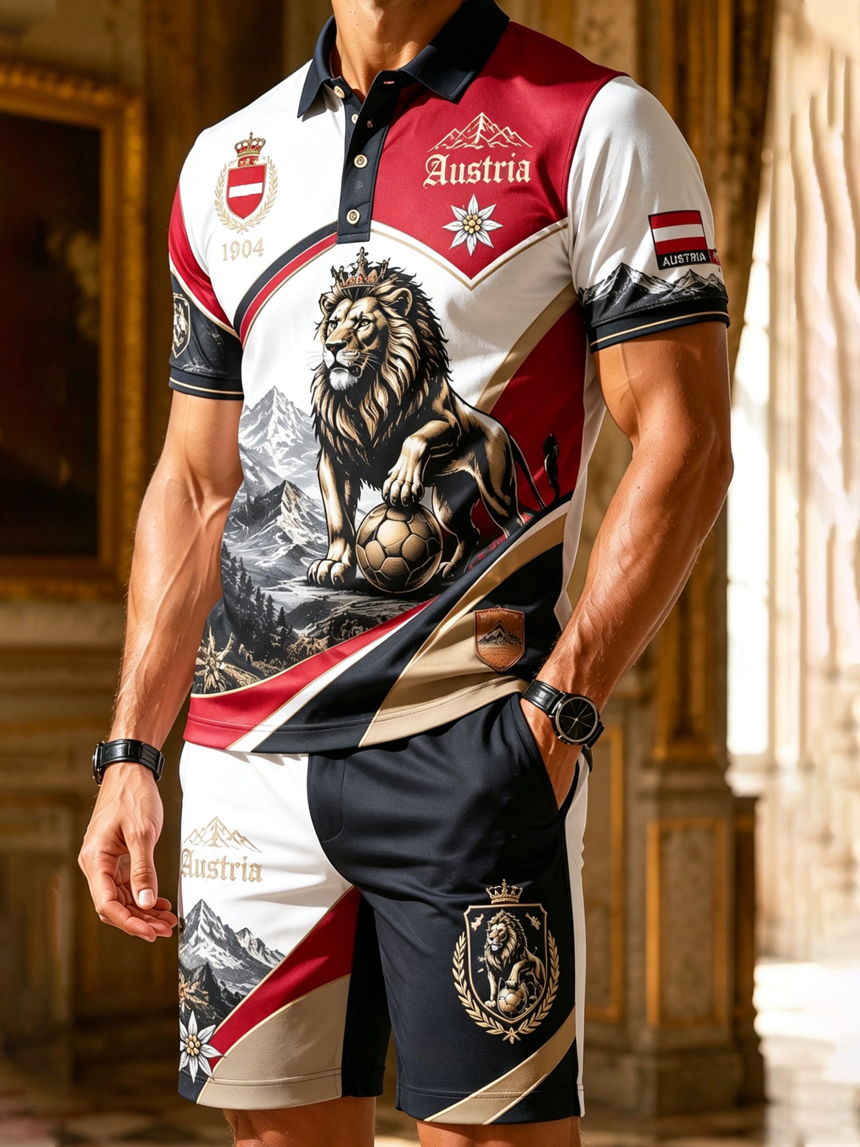 Herren-Österreich-Fußballspiel-Jubel-Fan-Element-Kunstdruck-Polo-Anzug