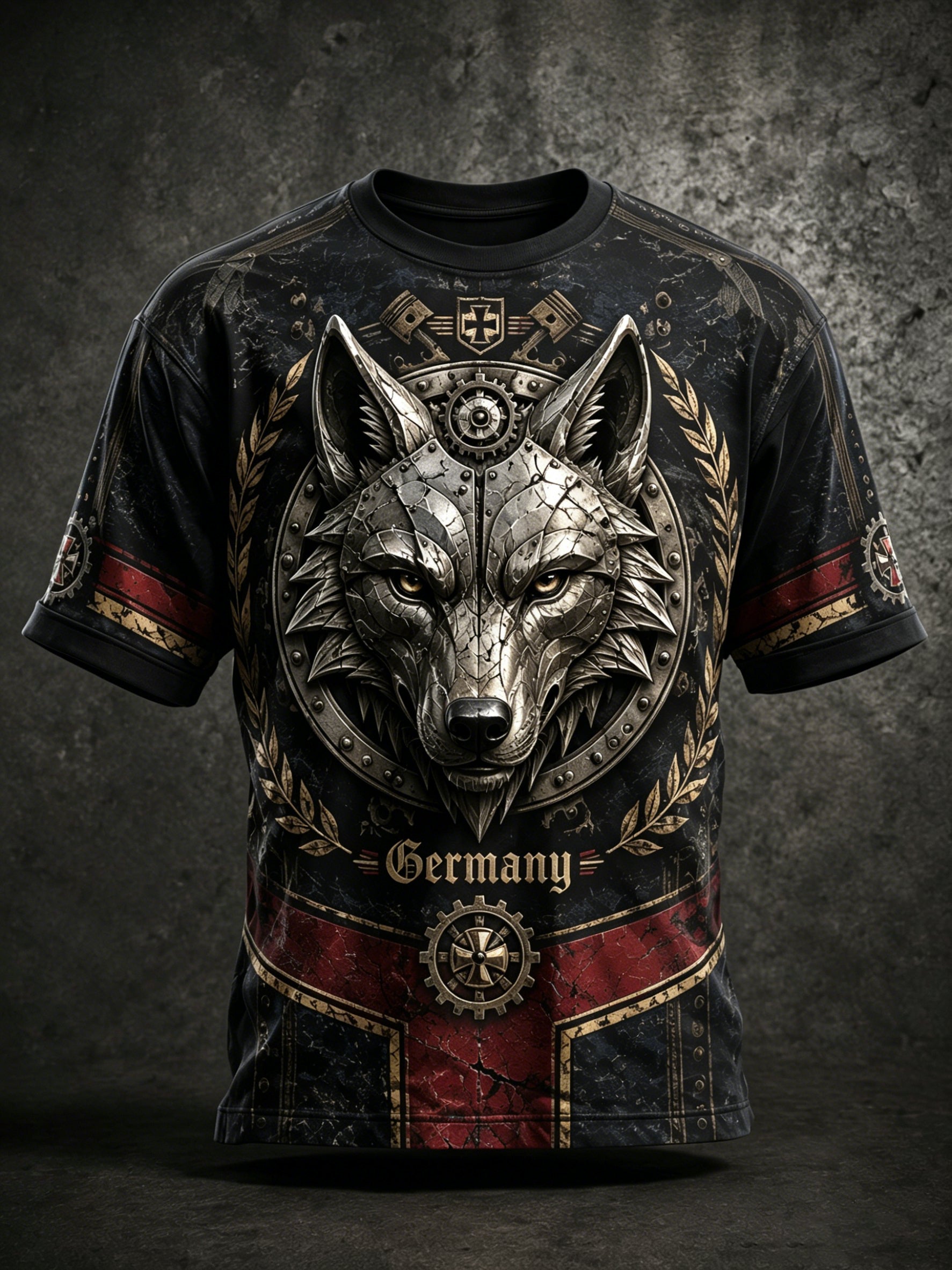 Herren-T-Shirt mit industrieller Wolf-Art-Print-Grafik im deutschen Stil