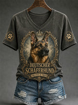Damen-Retro-T-Shirt mit Hunde-Print und V-Ausschnitt, lässig geschnitten