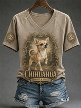 Damen-Retro-T-Shirt mit Hunde-Print und V-Ausschnitt, lässig geschnitten