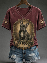 Damen-Retro-T-Shirt mit Hunde-Print und V-Ausschnitt, lässig geschnitten