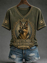 Damen-Retro-T-Shirt mit Hunde-Print und V-Ausschnitt, lässig geschnitten