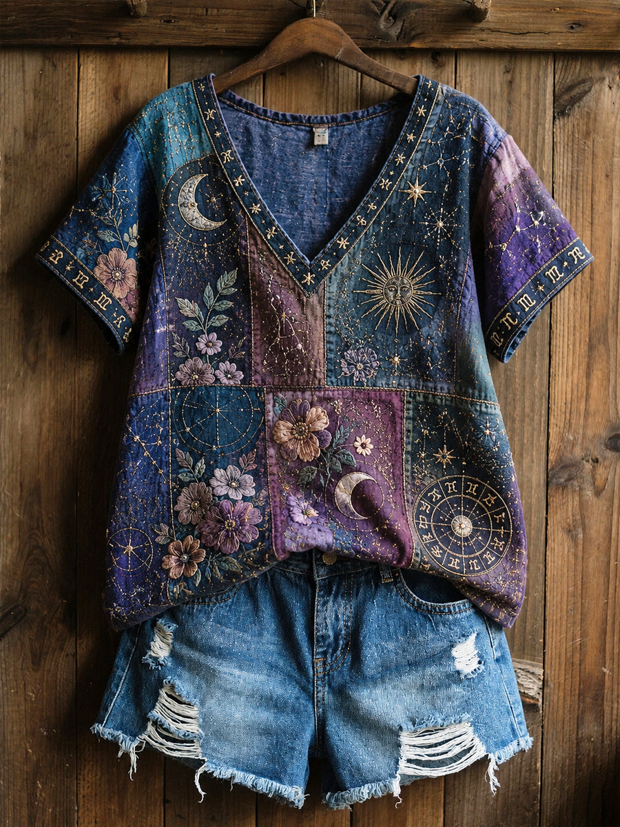Retro Zodiac Blumen "Heilende Kunst" Baumwolle-Leinen T-Shirt