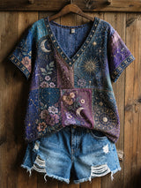 Retro Zodiac Blumen "Heilende Kunst" Baumwolle-Leinen T-Shirt