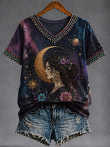 Damen Retro Zodiac Kunst lässig V-Ausschnitt T-Shirt