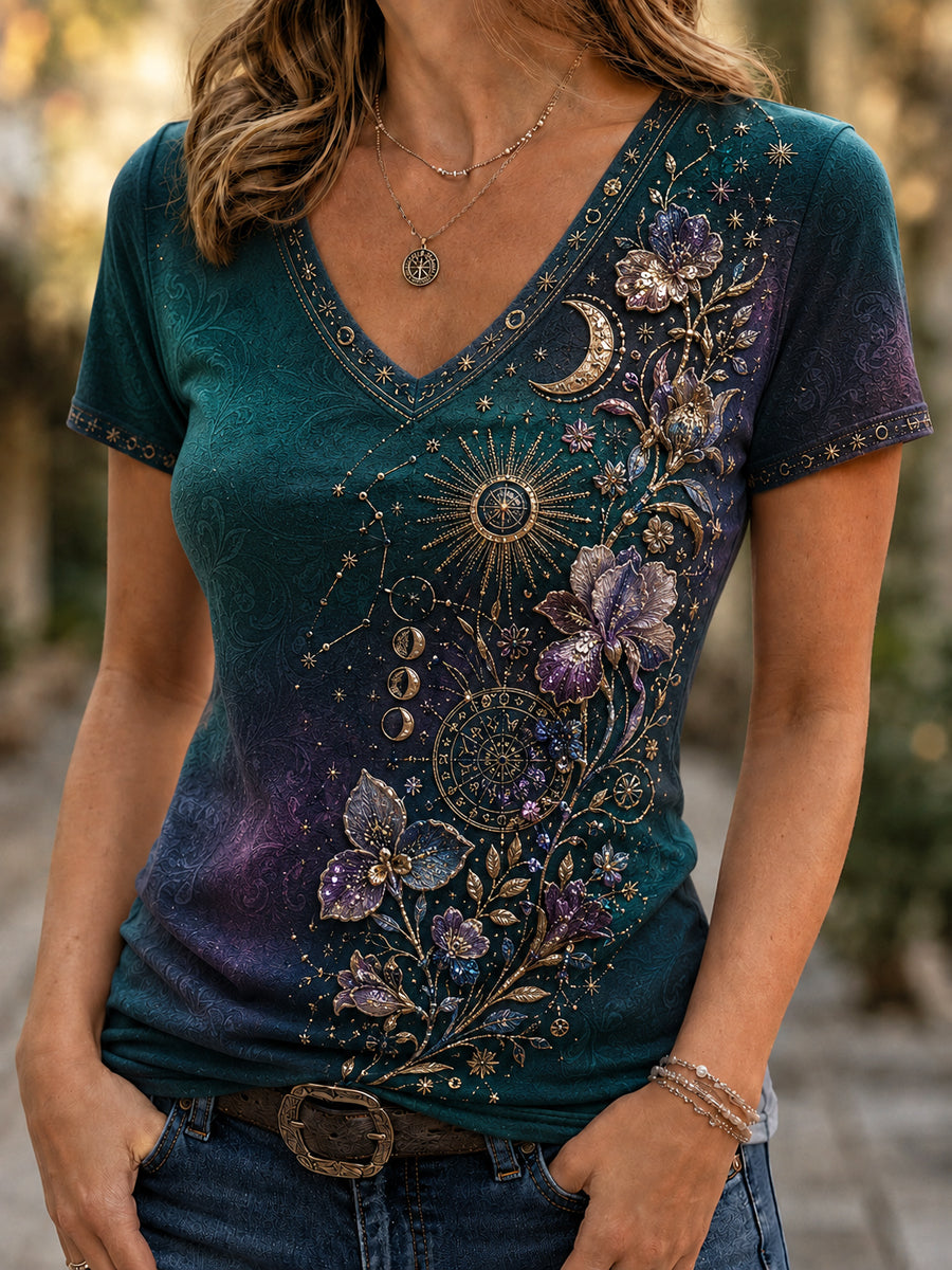 Damen Retro Zodiac Blumen kunst lässig T-Shirt